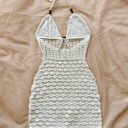 White Crochet Halter Neck Sleeveless Dress