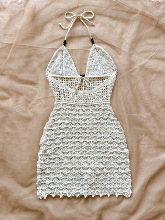 White Crochet Halter Neck Sleeveless Dress