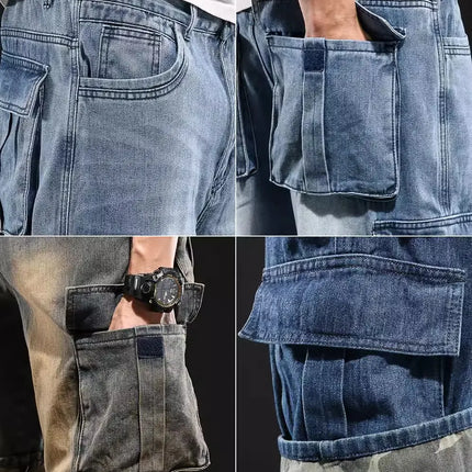 Men's Wide-leg Denim Shorts Multi Pocket 7 Point Work Cargo Jeans Shorts Fat Plus Size Denim Shorts Male