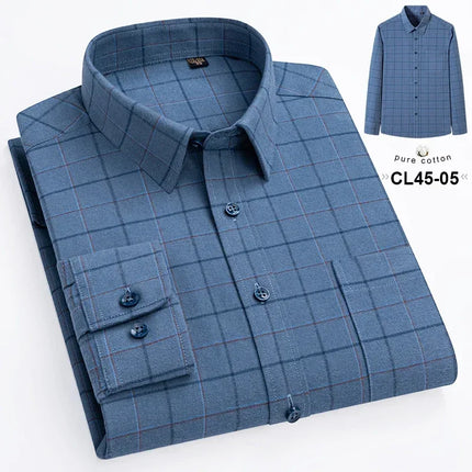 Mens 100% Cotton Casual Shirt Slim Fit Button Classic Striped Plaid Long Sleeve Shirts Single Pocket Comfortable Workwear Shirts