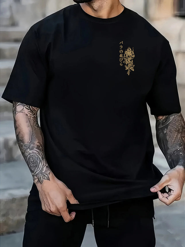 Japanischer vertikaler Textdruck auf marineblauem T-Shirt aus 100 % Baumwolle für Herren – ideal für sommerliche Streetwear und lässige urbane Ausflüge