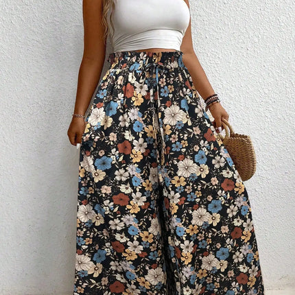 Plus Size Women's Clothing Loose Comfortable Commuting Casual Style Summer Printed Long Pants Elastic Waist Drawstring Draped Wide Leg Pants
