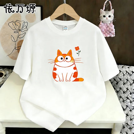 Aesthetic Round Face Chubby Ginger Tabby Cat Mini Flower Graphic Oversized Cotton T Shirt For Women Soft Lazy Daily Street Tee