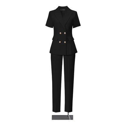 2‑Piece Women Office Suit Short Sleeve Double Breasted Blazer + High Waist Pants Ladies Formal Business Workwear Set Multiple Co