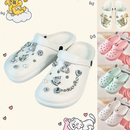 Women Summer DIY Clogs Fashion Bear Pearl Decor Beach Slides Cave Hole Garden Shoes Casual Flats Female (Independently Packaged)