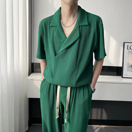 2025 Summer Pleated Sets Men Fashion Casual Short Sleeved T shirt/Trousers Two-piece Mens Korean Loose Ice Silk Sets Men 3-color