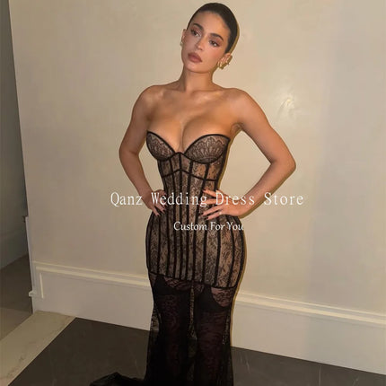 Qanz Sexy Black Lace Prom Dress Sweetheart Mermaid Corset Back Illusion Evening Dresses Woman Elegant Party Gowns Customized