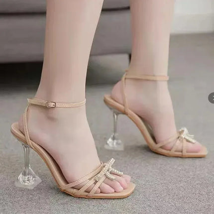 Ultra-high Heel Women's Sandals Fashion Square Toe Design High-heeled Sandal Luxury Rhinestone Bow High-heeled Sandals for Women