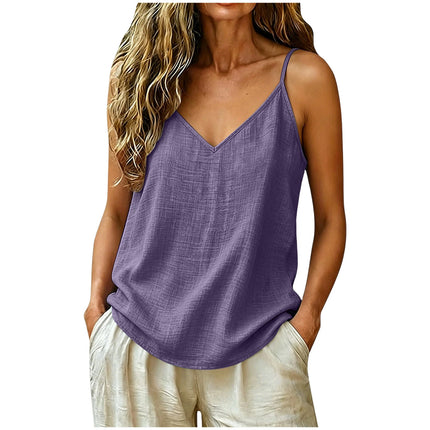 Women Cotton Linen Spaghetti Strap Tank Top V Neck Solid Color Loose Fit Lightweight Casual Sleeveless Camisole Summer Beach Top