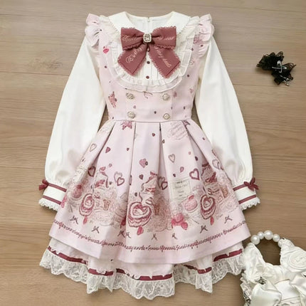 Japanese Cute Slim Women Party Dress Ruffled Lace Chic Bow Long Sleeve Kawaii Sweet Style Set Lightweight Trendy Female Design