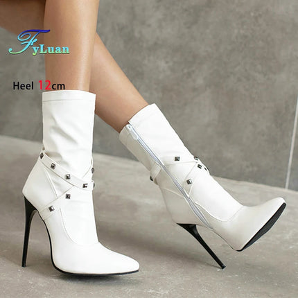 12CM Ultra High Heel Pointed Toe Stiletto Boots Women Ankle Boots Fashion Rivet Band T Show Short Booties Winter Female Shoes