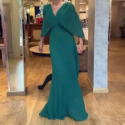 Elegant V-neck Waist Evening Dress Women Casual 3/4 Sleeve Solid Pleated Maxi Dress Spring Autumn Fashion Pullover Party Dresses