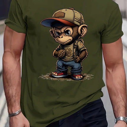 Men's Summer 100% Cotton round Neck T-Shirt Casual Loose Fit Cartoon Monkey Pattern Printed Short Sleeve Fashionable Sports Tee