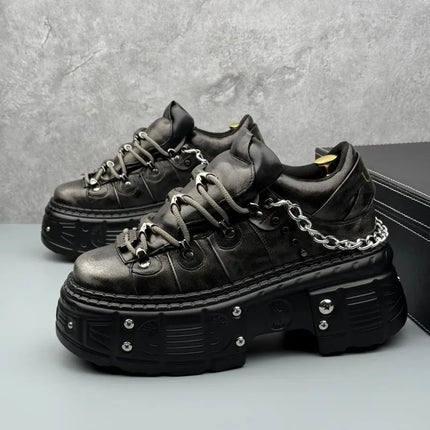 8cm High Leather Casual Shoes for Men Punk Metal Rivet Thick-Soled Mans Shoes Fashion Retro Heightening Leather Shoes Zapatillas