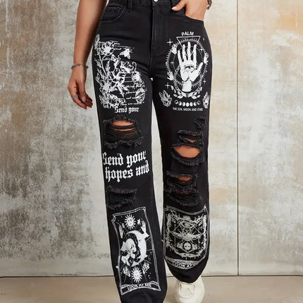2025 New Style Women's Jeans Women's Spring And Autumn New Hot Selling Street INS Same Style Print Ripped Straight Jeans