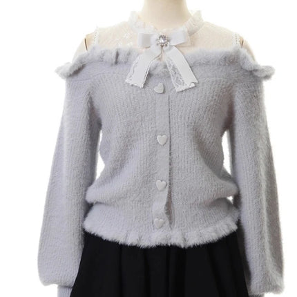 Autumn and Winter Furry Off-shoulder Long-sleeved Sweater Japanese Sweet Cute Girl Bow Versatile Outer Wear Knitted Pullover