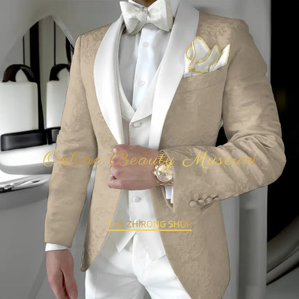 Classy Men's White Jacquard Suit 3pcs Jacket Vest Pants Set Shawl Lapel Elegant Attire for Wedding Cocktail Business Ball Party