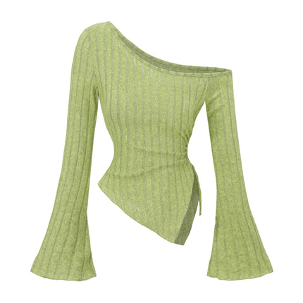 Women's Off-Shoulder Cross Long-Sleeved Slim Fit T-Shirt Asymmetrical Street Style Casual Elegant Top with Trumpet Sleeves