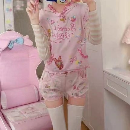 Japanese Kawaii Fungus Edge Fashion Hoodies Y2k Aesthetic Sweet Spliced Striped Long Sleeve Fake Two Piece Punk Print Clothes