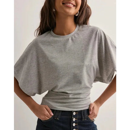 Women's T-shirts Crew Neck Ruched Waist Slim Fit Solid Color Casual Cropped Tee Summer Streetwear Basic Daily Wear Top