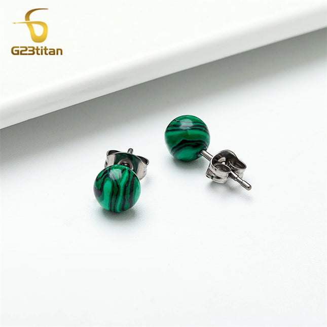 Charming Malachite Stone Earrings 6mm 8mm Green Ball Ear Studs Hypoallergenic Titanium Earings for Women - product image 2