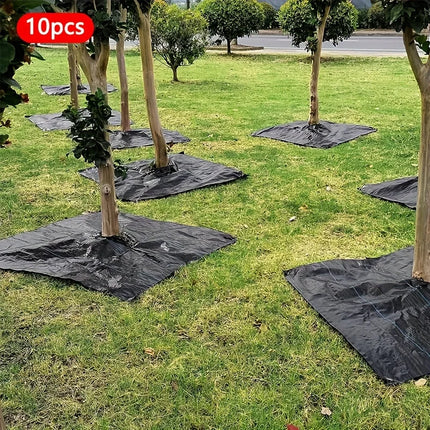 Square black weed mats installed under trees with a 10pcs badge