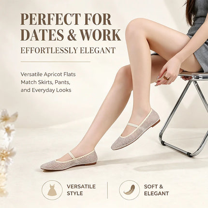 Cream mesh Mary Jane flats worn with a dress