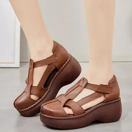 Top quality 6.5CM Retro Summer Shoes Women Wedges Sandals Handmade Genuine Leather Hollow Platform Casual Sandals Female Black
