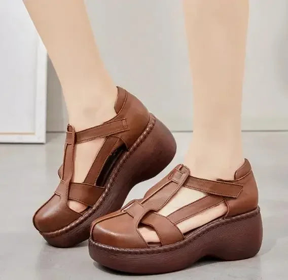 Top quality 6.5CM Retro Summer Shoes Women Wedges Sandals Handmade Genuine Leather Hollow Platform Casual Sandals Female Black