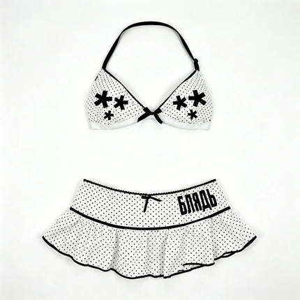 Y2K Grunge Summer Beachwear Swimwear two piece bikini Women Gothic Cross Polka Dot 2P Bikini Set Halter Top Ruffle Skirt Bottom