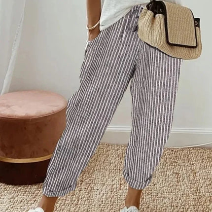 European and American Cross border Women's Summer New Fashionable Loose Stripe Printed Elastic Waist Drawstring Casual Pants