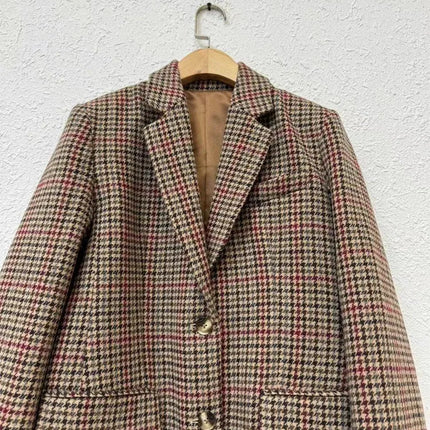 Women's Brown Houndstooth Blazer Retro Oversized Mid-Length Button Down Jacket Streetwear