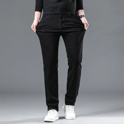 2025 New Winter Pure Black Fleece Thick Warm Jeans Men's loose Straight Elastic Denim Pants classics Casual Plush Trousers
