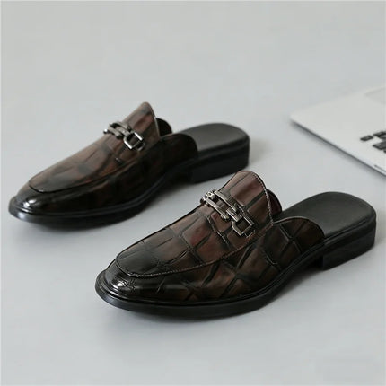 Summer Fashion New Men's Brown Half Slippers Metal Button Patent Leather Shoes Male Casual Mules Moccasins Breathable Loafers