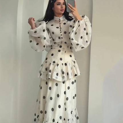 Polka Dot Skirt 2 Piece Set Women Casual High Collar Tie Full Sleeves Elastic High Waist Long Skirt Suit Lady Daily Outfit New