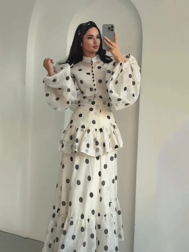 Gepunkteter Rock Zweiteiler Damen Lässig Hochgeschlossen Krawatte Lange Ärmel Elastischer High-Waist Rock Anzug Damen Alltagsoutfit Neu