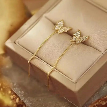 1pair Pave Crystal Butterfly Long Threader Earrings for Women Teen Girls, Dainty S Curved Thin Gold Chain Drop Ear Line, Nickel Free Elegant Accessories Gift for Wedding Bridesmaid Date Prom Birthday Holiday