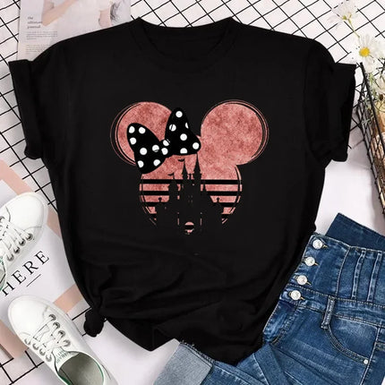 New T-shirts for Women Fashion Heart Minnie Print Unisex T Shirt Y2K Streetwear Clothes Kawaii Mouse Head T Shirt Female Tops