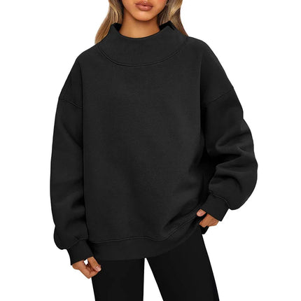 Casual Commuter Comfort Pullover Loose-Fit Solid-Color Half-High Neck Crew Neck Sweatshirt Top