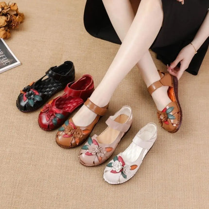 Size 42 Flat Heel Genuine Leather Sandals Woman Summer Hollow Out Shoes Mom Women's Retro Flower Orthopedic Sandals for Ladies