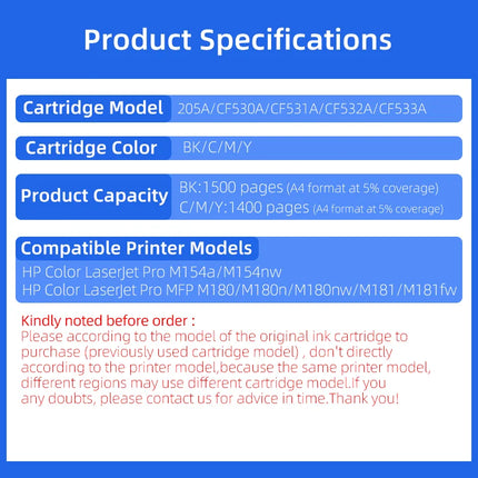 1pc 205A CF530A CF531A CF532A CF533A Toner cartridge Compatible for HP Laserjet Pro M154a M154nw MFP M180n M180nw M181fw Printer