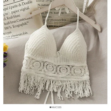 2026 Crop Tops Retro Wild Hollow Perspective Tassel Sexy Spaghetti Strap Tanke Top Women Built In Bra New Back Lace Halter Neck