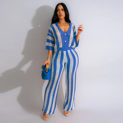 Sexy Women Knitted Set Two Pieces Set Short Sleeve Buttons Top Long Loose Pants Crocheted 2 Pieces Set Crochet Beach Wear