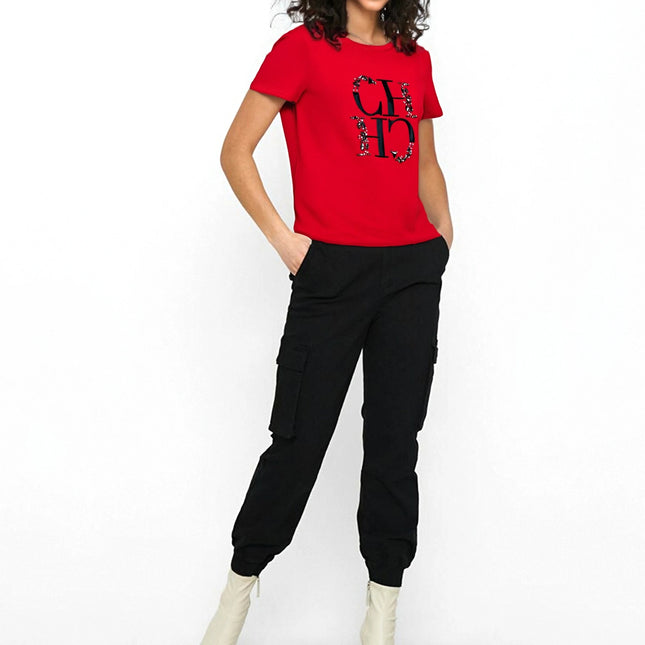 CHCH Damen T-Shirt 2025 Neu Handbesticktes Heavy Industry Freizeit-Top Einfacher Rundhals Kurzarm Damenbekleidung