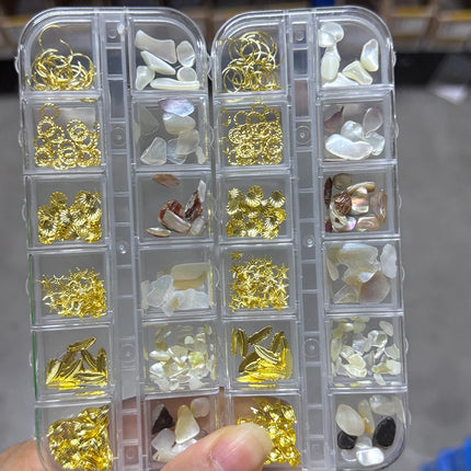 6 Grids Metal Summer Ocean Nail Art Charms 3D Shell Starfish Seahorse Caviar Beads Alloy Nail Jewelry Mixed Manicure Studs Decor