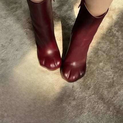 New Cute Burgundy Red Leather Paw-Toe Boots Feline Foot Shape Slim Silhouette Chunky Heels Design Fashion Mid-Calf Boots