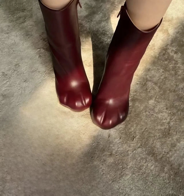 New Cute Burgundy Red Leather Paw-Toe Boots Feline Foot Shape Slim Silhouette Chunky Heels Design Fashion Mid-Calf Boots