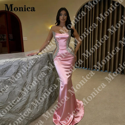 MONICA Trendy Strapless Evening Dresses for Women Rhinestones Mermaid Cut-out Sleeveless Vestidos De Noche Customized Plus Size