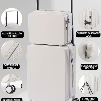 20+14'24+14' Luggage Set with USB & Cup Holder TSA Lock 360° Wheels Side-standing Foot Hook PC+ABS Suitcase Foldable Travel Case