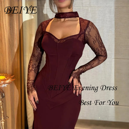 BEIYE Modern Lace Long Sleeves Mermaid Evening Dresses Women 2026 Sweetheart Lace-up Party Gown Customized فساتين س